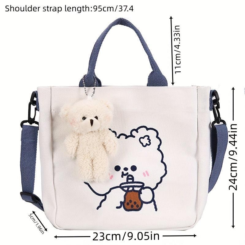 Cartoon Bear Print Tote Bag Canvas Shoulder Bag With Pendant