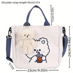 Cartoon Bear Print Tote Bag Canvas Shoulder Bag With Pendant