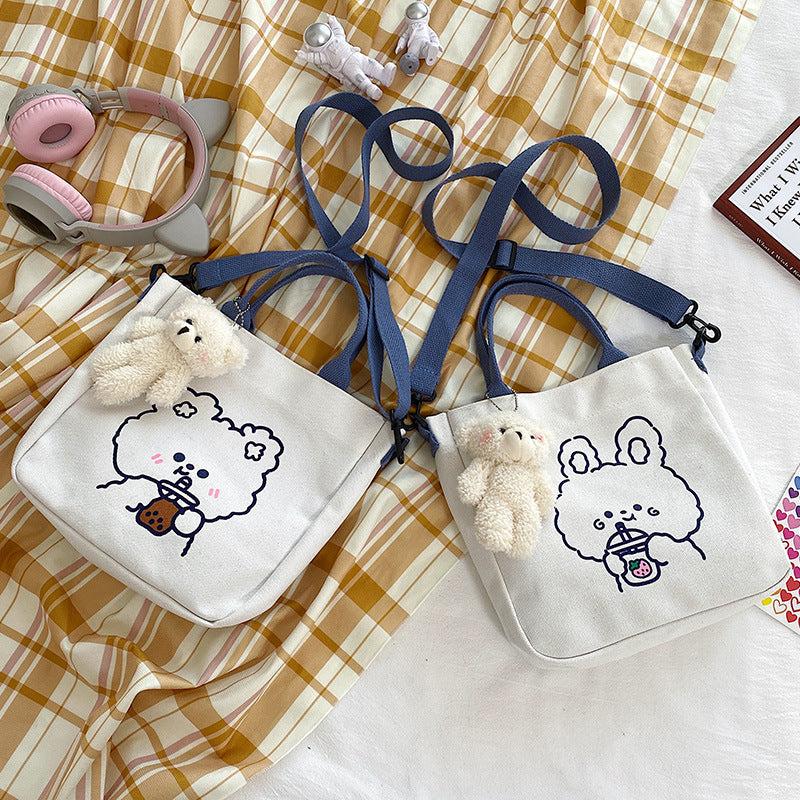 Cartoon Bear Print Tote Bag Canvas Shoulder Bag With Pendant