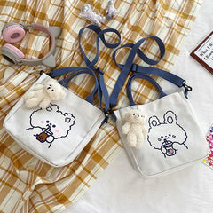 Cartoon Bear Print Tote Bag Canvas Shoulder Bag With Pendant