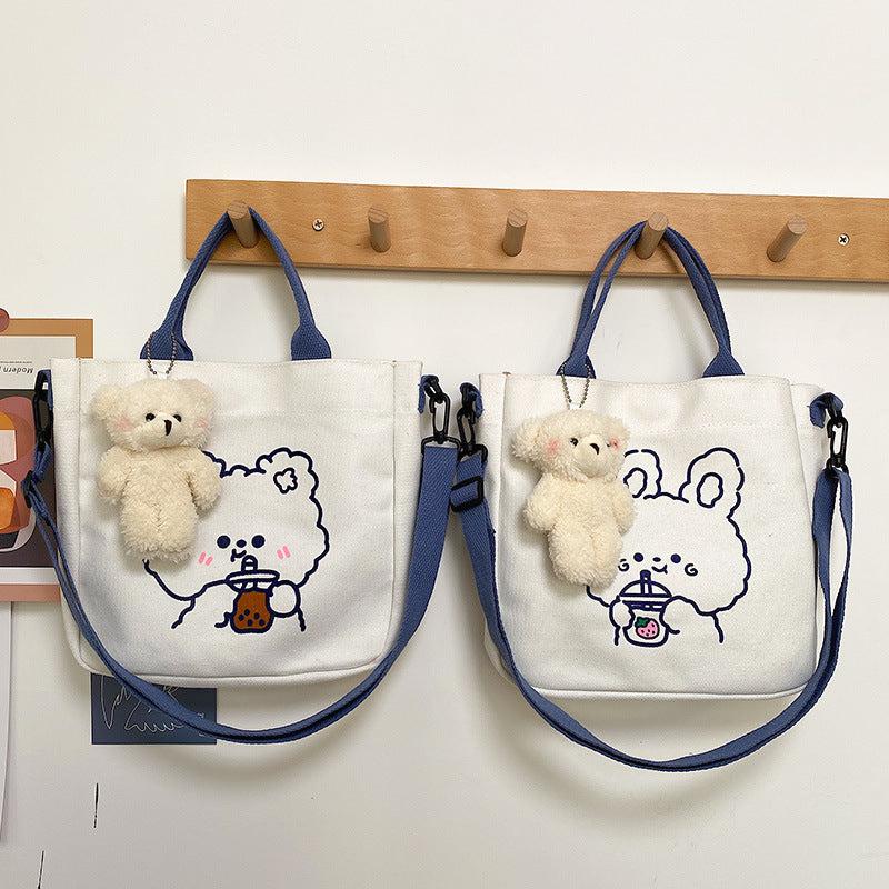 Cartoon Bear Print Tote Bag Canvas Shoulder Bag With Pendant