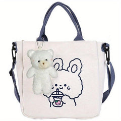 Cartoon Bear Print Tote Bag Canvas Shoulder Bag With Pendant