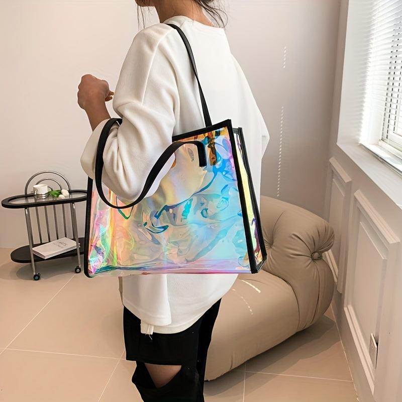 2Pcs Clear Laser Tote Bag Set PVC Shoulder Bag Holographic Travel Beach Bag