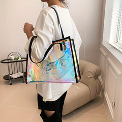 2Pcs Clear Laser Tote Bag Set PVC Shoulder Bag Holographic Travel Beach Bag
