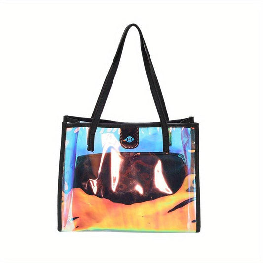 2Pcs Clear Laser Tote Bag Set PVC Shoulder Bag Holographic Travel Beach Bag