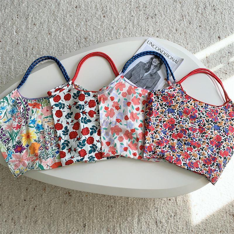 Floral Pattern Drawstring Shoulder Bag Large Capacity Tote Bag