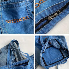 Letter Embroidery Tote Bag Stylish Denim Shoulder School Book Bag
