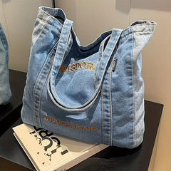 Letter Embroidery Tote Bag Stylish Denim Shoulder School Book Bag