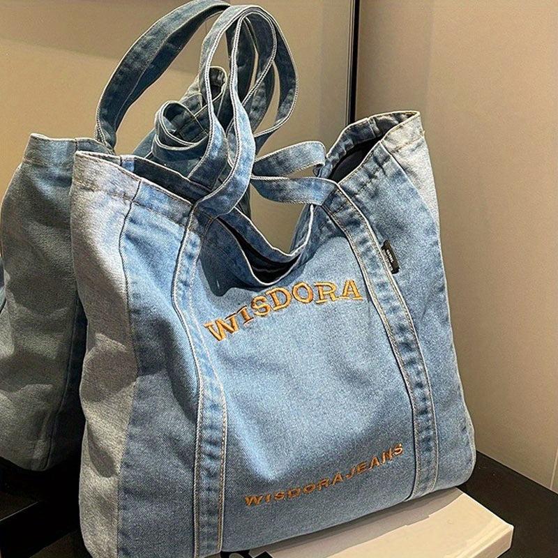 Letter Embroidery Tote Bag Stylish Denim Shoulder School Book Bag
