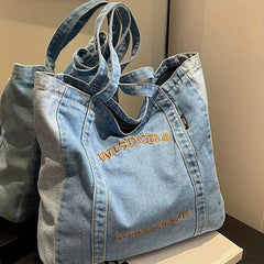 Letter Embroidery Tote Bag Stylish Denim Shoulder School Book Bag
