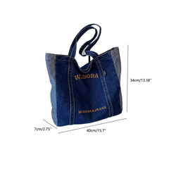 Letter Embroidery Tote Bag Stylish Denim Shoulder School Book Bag