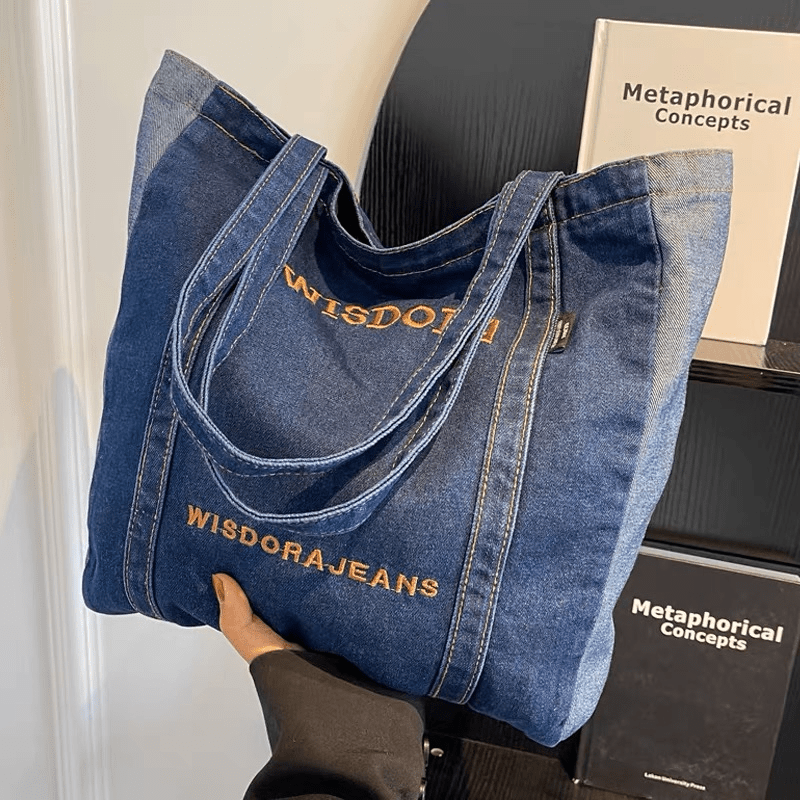Letter Embroidery Tote Bag Stylish Denim Shoulder School Book Bag