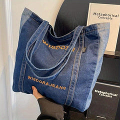 Letter Embroidery Tote Bag Stylish Denim Shoulder School Book Bag
