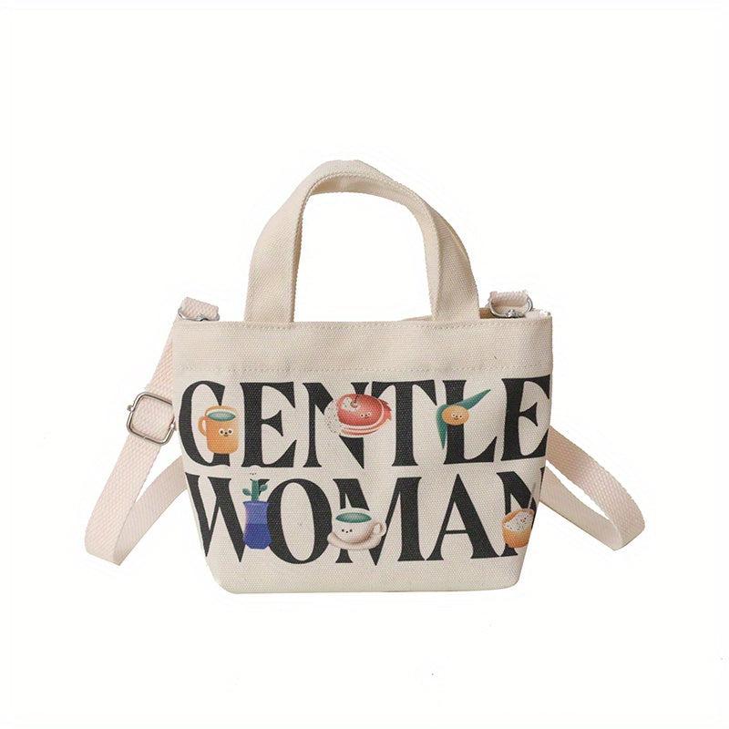 Mini Letter Print Canvas Tote Bag Crossbody Satchel Purse