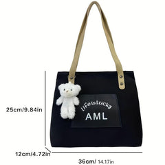 Bear Pendant Large Canvas Tote Bag Lightweight Shoulder Bag