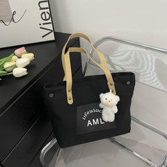 Bear Pendant Large Canvas Tote Bag Lightweight Shoulder Bag