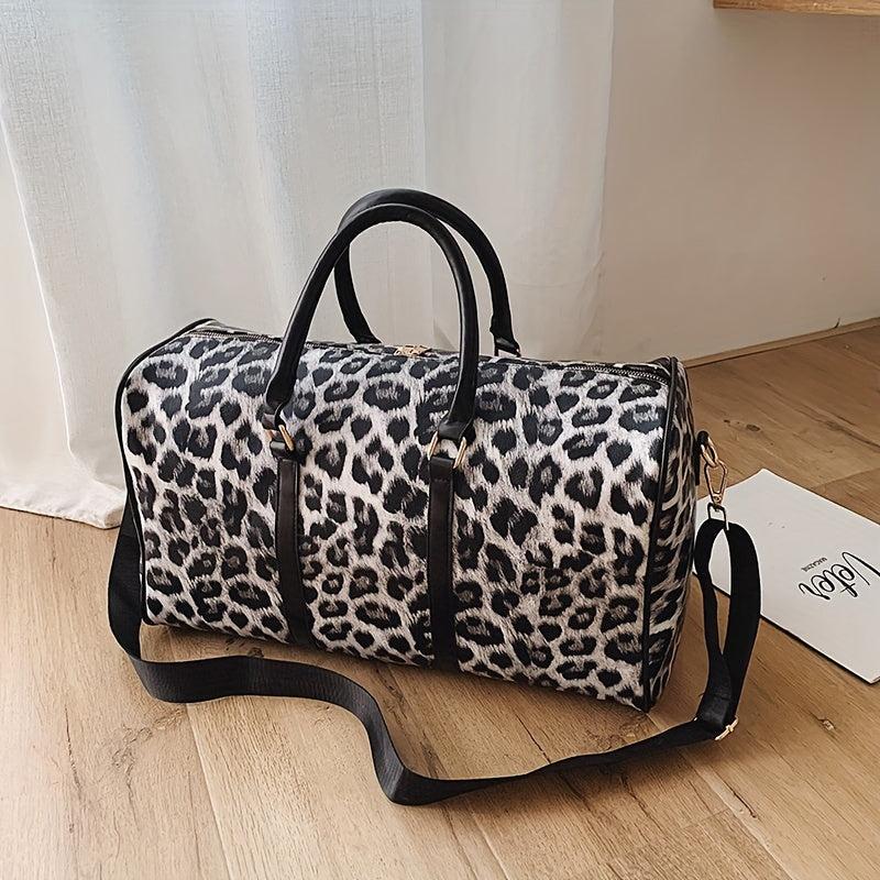 Leopard Pattern Duffle Bag PU Leather Boston Luggage Portable Travel Bag