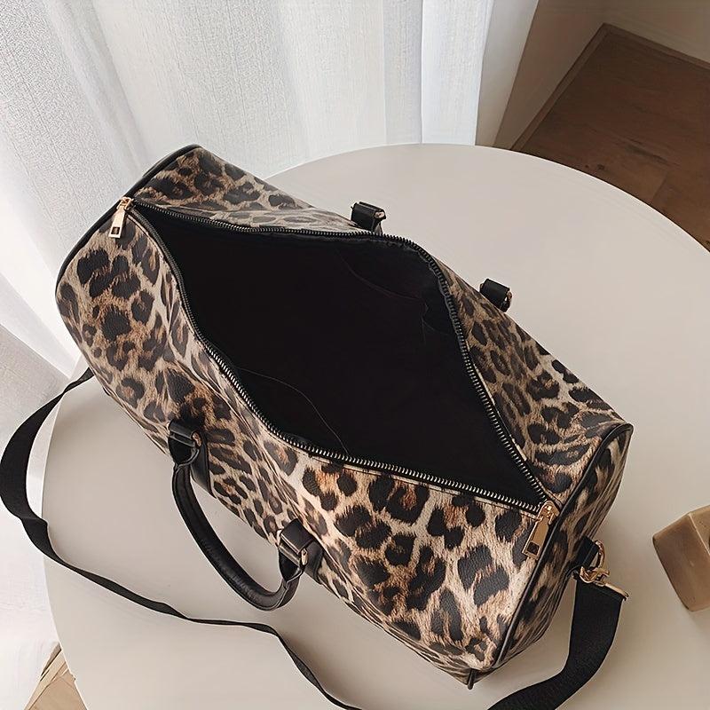Leopard Pattern Duffle Bag PU Leather Boston Luggage Portable Travel Bag