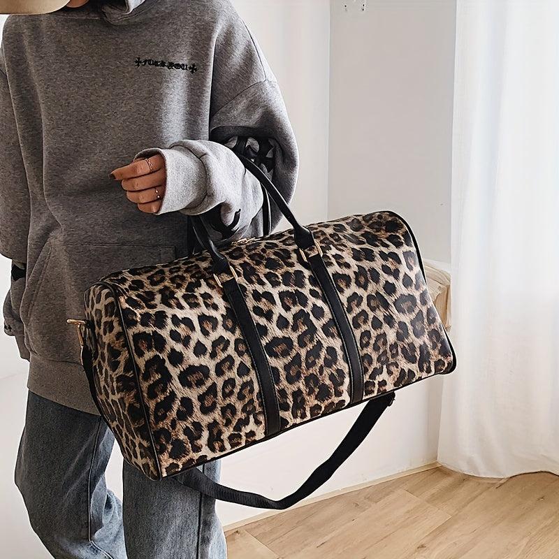 Leopard Pattern Duffle Bag PU Leather Boston Luggage Portable Travel Bag