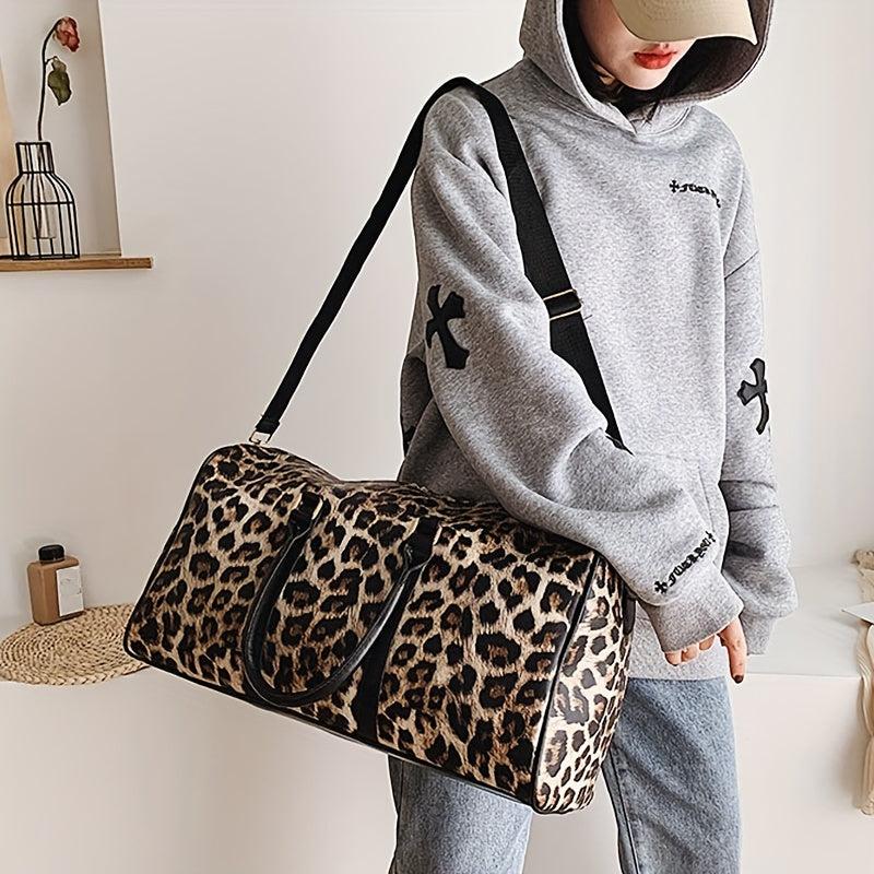 Leopard Pattern Duffle Bag PU Leather Boston Luggage Portable Travel Bag