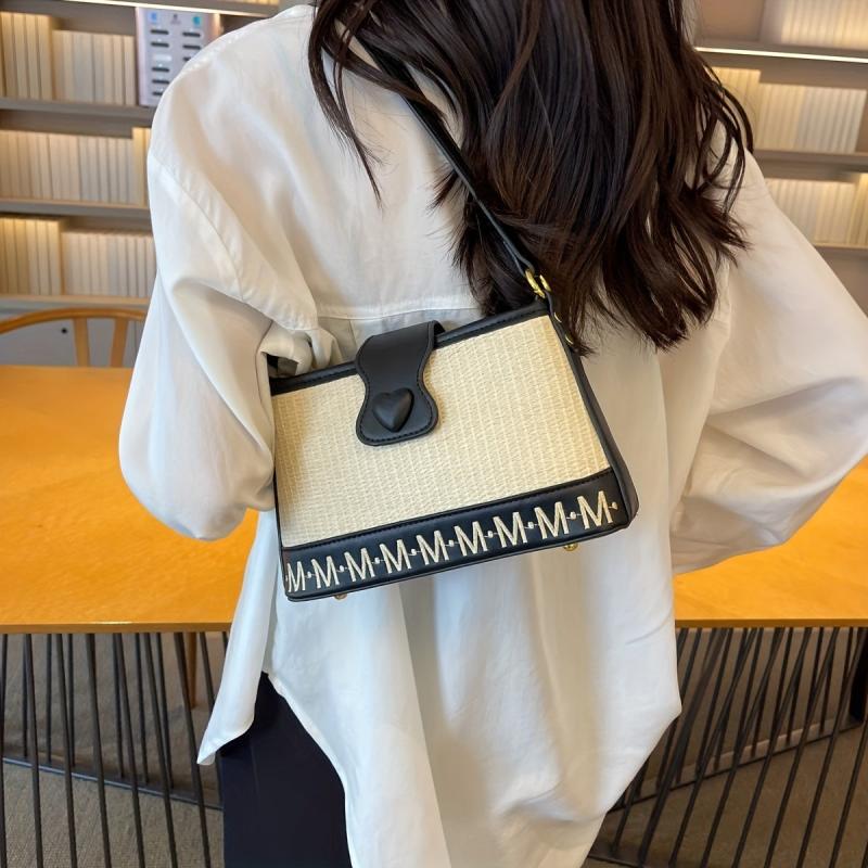 Straw Woven Underarm Bag PU Leather Letter Print Textured Bag Purse