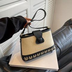 Straw Woven Underarm Bag PU Leather Letter Print Textured Bag Purse