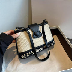 Straw Woven Underarm Bag PU Leather Letter Print Textured Bag Purse