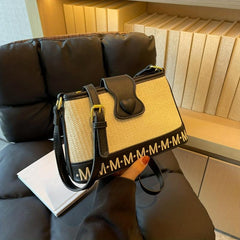 Straw Woven Underarm Bag PU Leather Letter Print Textured Bag Purse