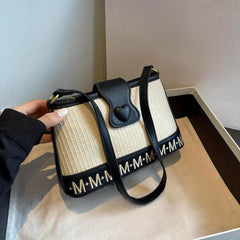 Straw Woven Underarm Bag PU Leather Letter Print Textured Bag Purse