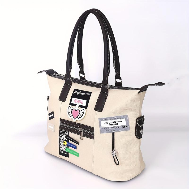 Large Capacity Retro Tote Bag Colorblock Creative Label Decor Bag