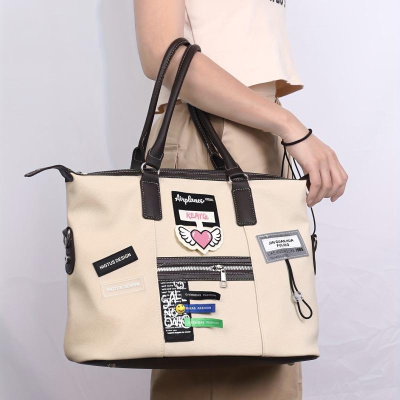 Large Capacity Retro Tote Bag Colorblock Creative Label Decor Bag