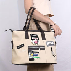 Large Capacity Retro Tote Bag Colorblock Creative Label Decor Bag