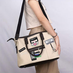 Large Capacity Retro Tote Bag Colorblock Creative Label Decor Bag