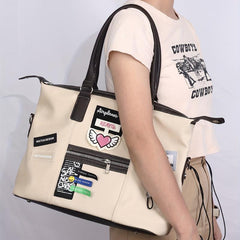 Large Capacity Retro Tote Bag Colorblock Creative Label Decor Bag