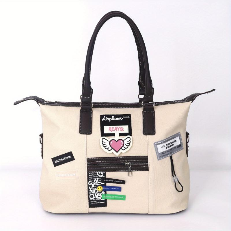 Large Capacity Retro Tote Bag Colorblock Creative Label Decor Bag