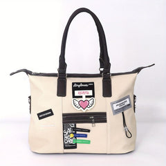 Large Capacity Retro Tote Bag Colorblock Creative Label Decor Bag