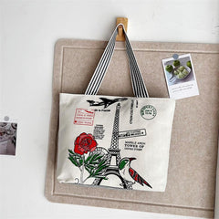 Eiffel Tower Print Canvas Tote Bag Flower Shoulder Bag