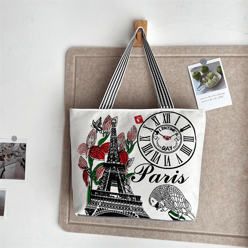 Eiffel Tower Print Canvas Tote Bag Flower Shoulder Bag