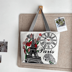 Eiffel Tower Print Canvas Tote Bag Flower Shoulder Bag