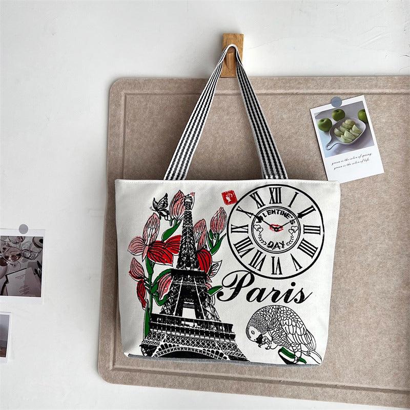 Eiffel Tower Print Canvas Tote Bag Flower Shoulder Bag