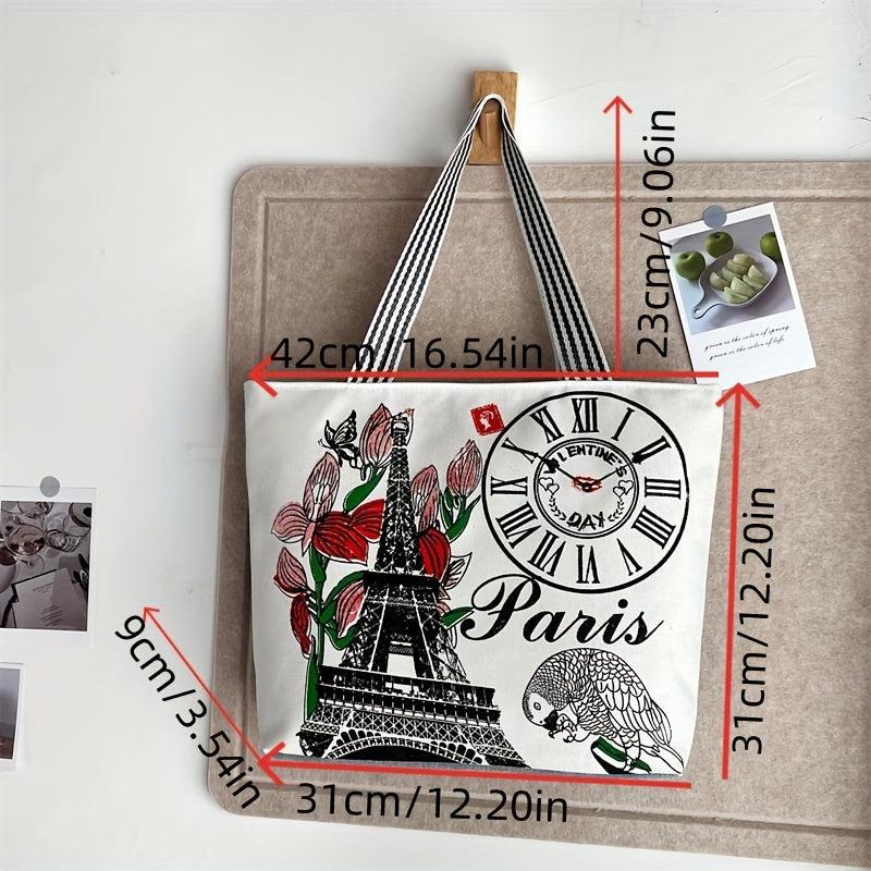 Eiffel Tower Print Canvas Tote Bag Flower Shoulder Bag