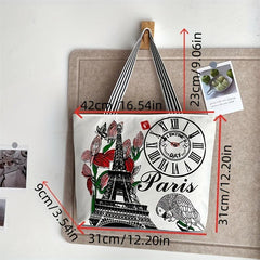 Eiffel Tower Print Canvas Tote Bag Flower Shoulder Bag