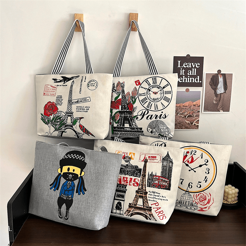 Eiffel Tower Print Canvas Tote Bag Flower Shoulder Bag