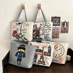 Eiffel Tower Print Canvas Tote Bag Flower Shoulder Bag