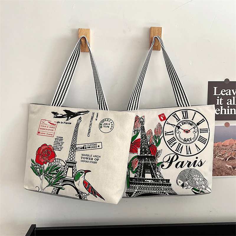 Eiffel Tower Print Canvas Tote Bag Flower Shoulder Bag