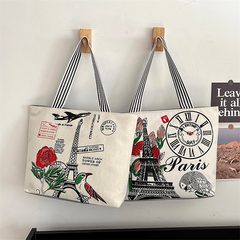 Eiffel Tower Print Canvas Tote Bag Flower Shoulder Bag