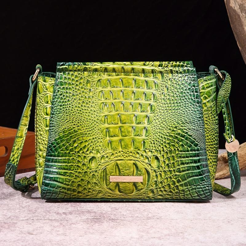 Crocodile Pattern Glossy Crossbody Bag Leather Textured Bag Purse