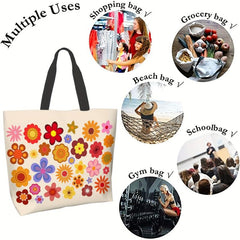 Vintage Flower Print Tote Bag Classic Shoulder Lightweight Shopping Bag