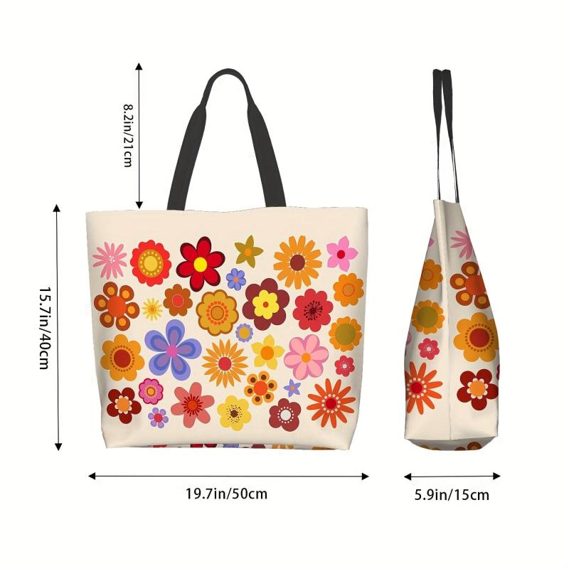Vintage Flower Print Tote Bag Classic Shoulder Lightweight Shopping Bag