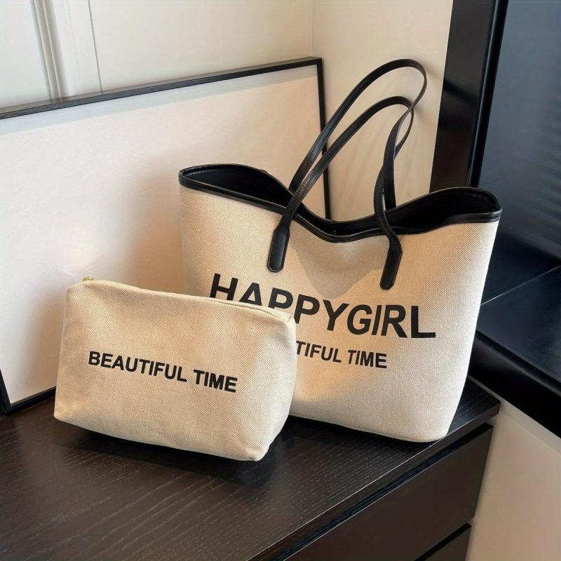 Canvas Tote Bag Letter Graphic Shoulder Bag Women's Handbag